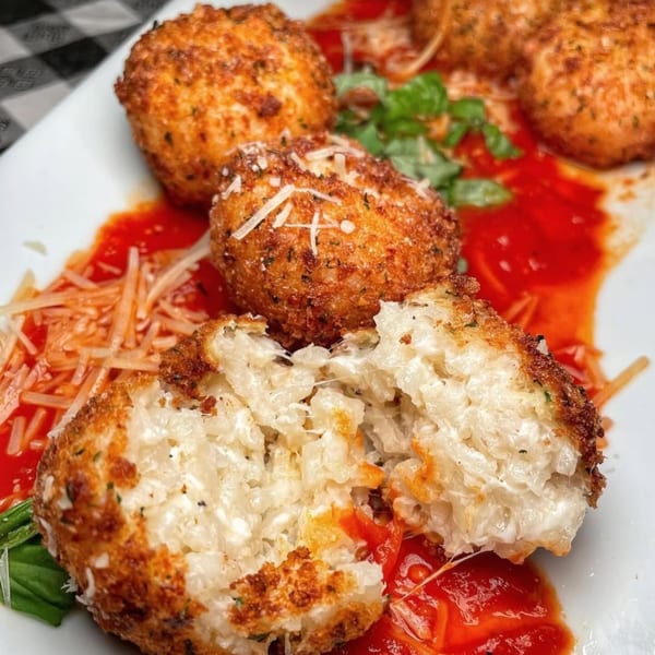 Golden-brown arancini balls with marinara sauce, grated cheese, and basil on a white plate.