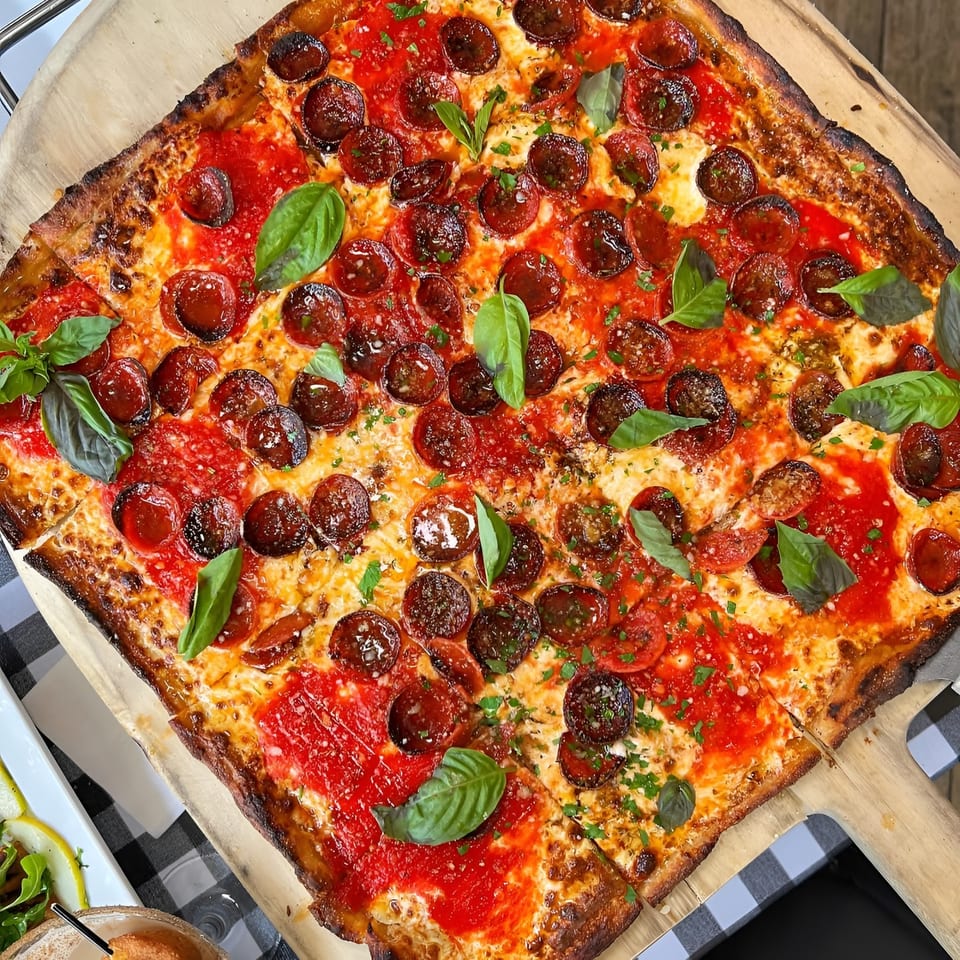Square Charred Brick Oven pepperoni pizza with fresh basil and rich tomato sauce on a wooden peel.