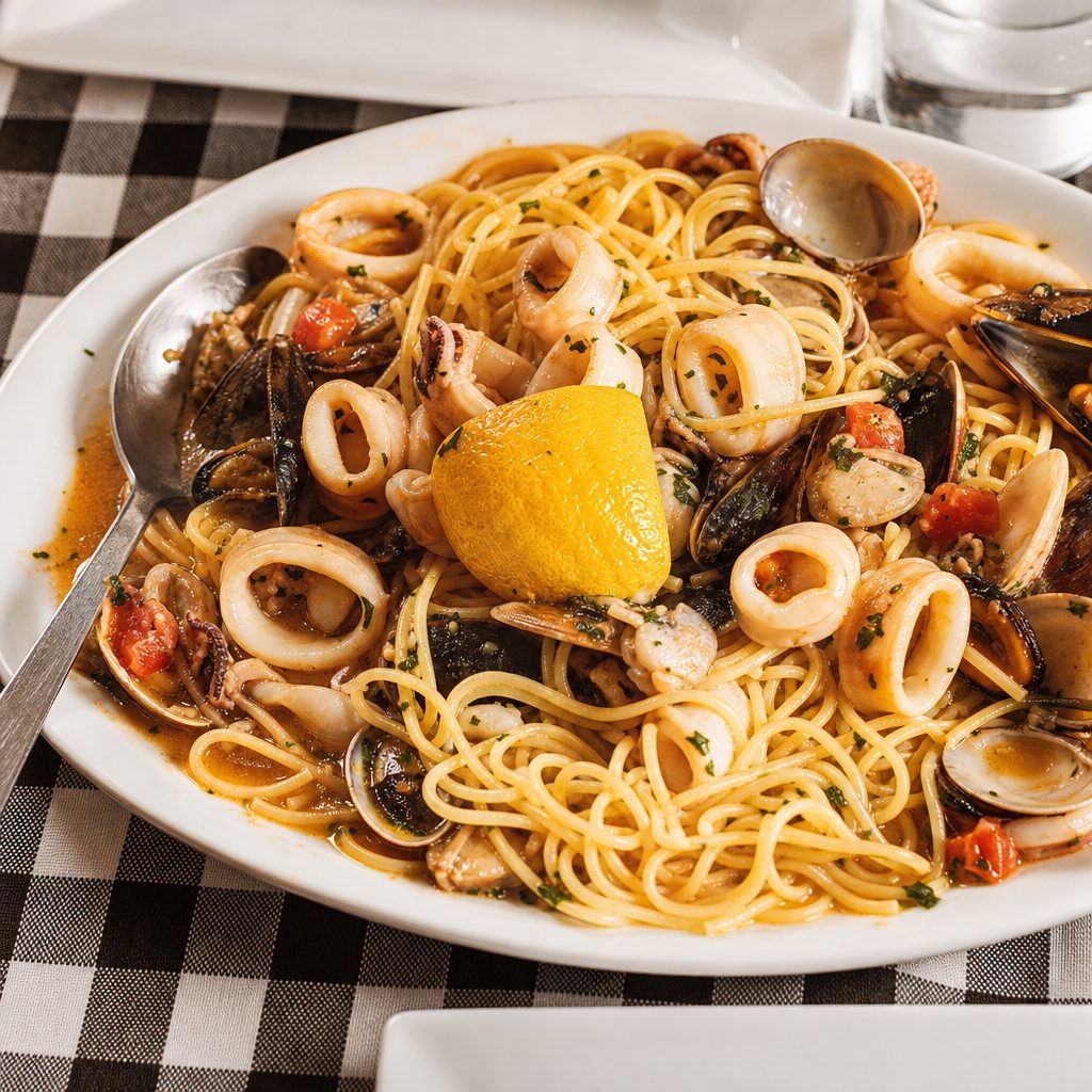 Calamari Puttanesca Pasta.